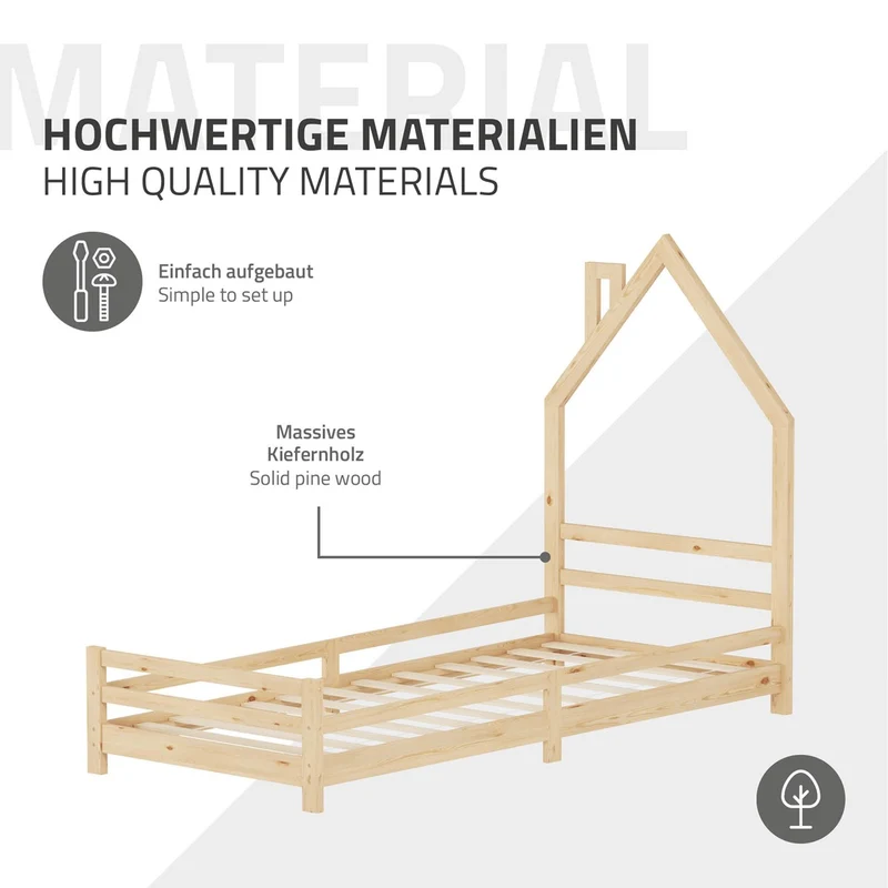 Kinderbett Haus 90x200 cm Natur mit Matratze H:16cm Holzbett für Kinder mit Lattenrost Schornstein Design ML-Design