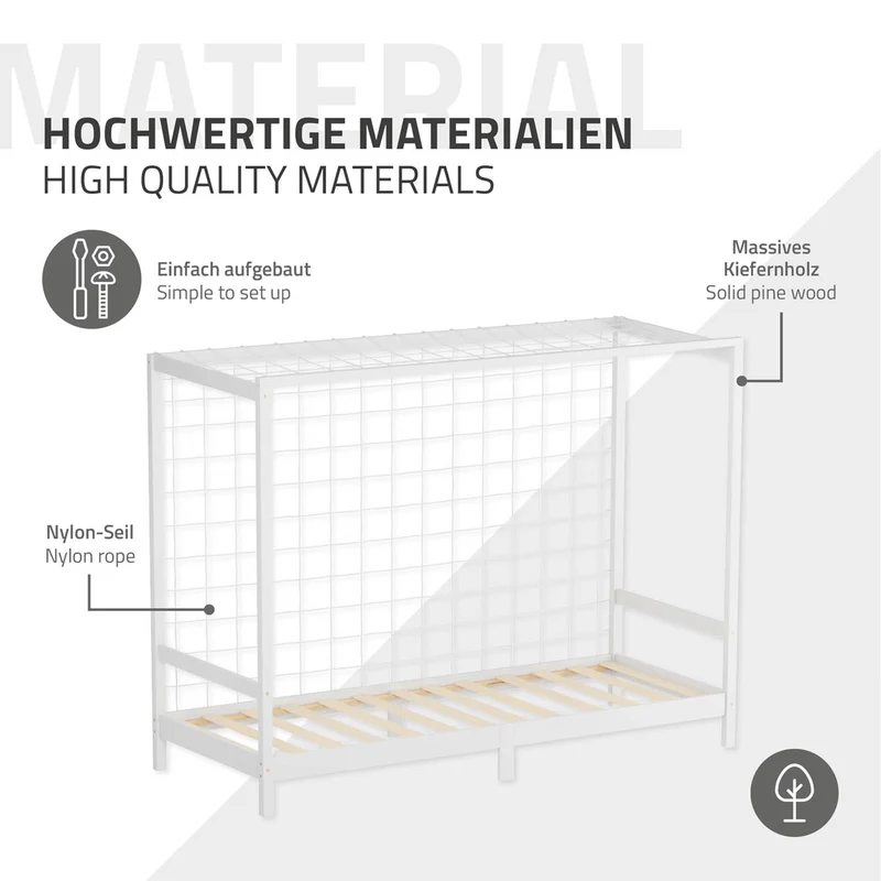 Kinderbett Fußballtor 90x200 cm Weiß aus Kiefernholz mit Matratze H-16cm Handballtor mit Lattenrost & Tornetz ML-Design