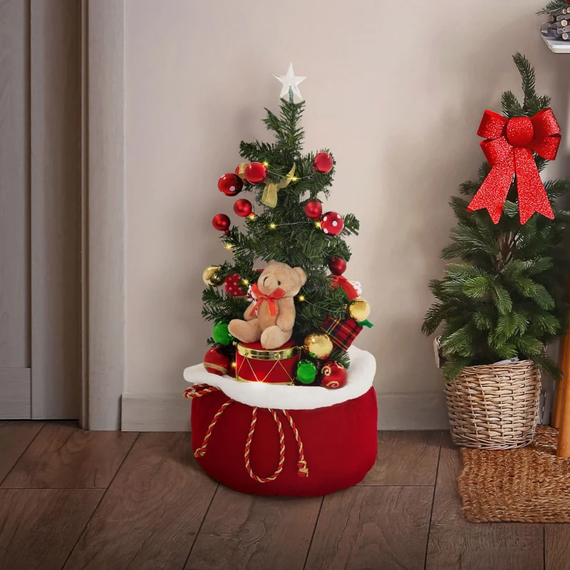 ECD GERMANY | Künstlicher Mini-Weihnachtsbaum mit Beleuchtung Ø34x60 cm Weihnachtsdeko Innen LED-Tannenbaum mit Teddybär und Lichterkette Christbaum