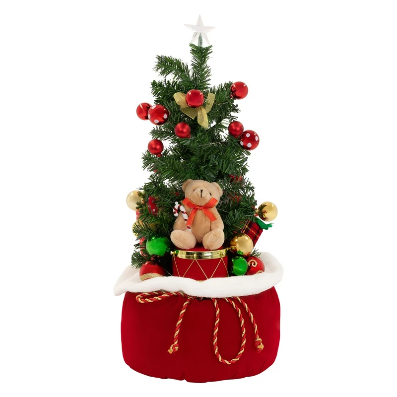ECD GERMANY | Künstlicher Mini-Weihnachtsbaum mit Beleuchtung Ø34x60 cm Weihnachtsdeko Innen LED-Tannenbaum mit Teddybär und Lichterkette Christbaum