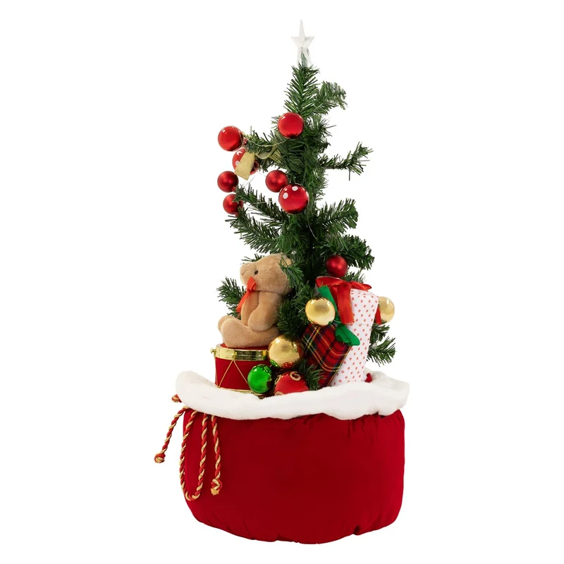 ECD GERMANY | Künstlicher Mini-Weihnachtsbaum mit Beleuchtung Ø34x60 cm Weihnachtsdeko Innen LED-Tannenbaum mit Teddybär und Lichterkette Christbaum
