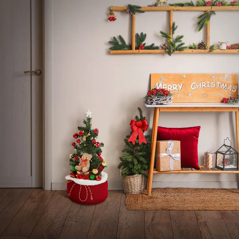 ECD GERMANY | Künstlicher Mini-Weihnachtsbaum mit Beleuchtung Ø34x60 cm Weihnachtsdeko Innen LED-Tannenbaum mit Teddybär und Lichterkette Christbaum