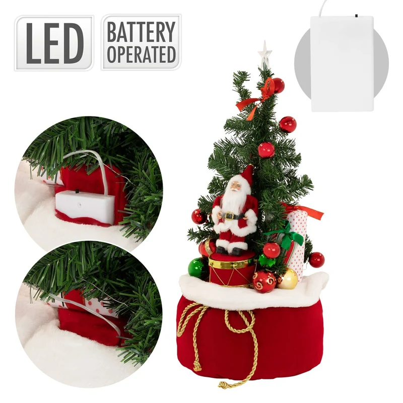ECD GERMANY | Künstlicher Mini-Weihnachtsbaum mit Beleuchtung Ø34x60 cm Weihnachtsdeko Innen LED-Tannenbaum mit Weihnachtsmann Lichterkette Christbaum