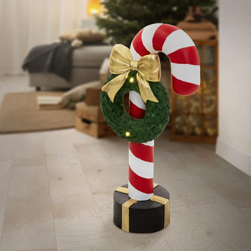 ECD Germany | Zuckerstange-Figur mit LED-Beleuchtung 68 cm Rot-Weiß Weihnachtsdeko Innen Zuckerstange-Stab mit Kranz Weihnachtsfigur Batteriebetrieben