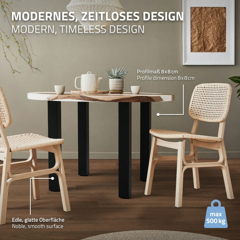 4er Set Tischbeine I-Design 72 cm Schwarz Tischgestell aus pulverbeschichteter Stahl, Profil 8x8 cm, höhenverstellbare Möbelfüße ML-Design