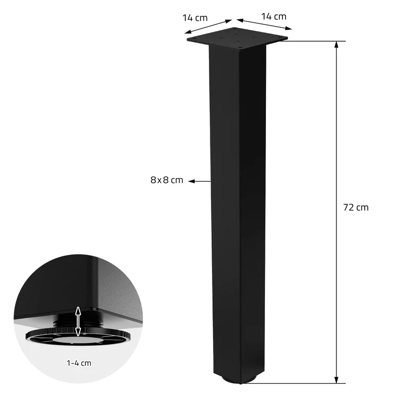 4er Set Tischbeine I-Design 72 cm Schwarz Tischgestell aus pulverbeschichteter Stahl, Profil 8x8 cm, höhenverstellbare Möbelfüße ML-Design