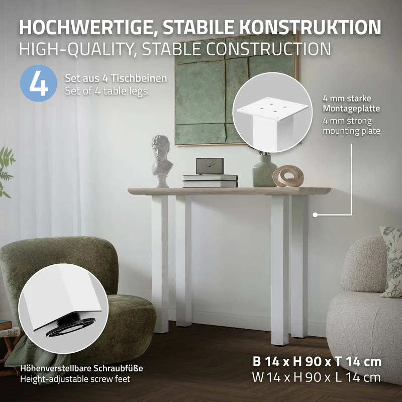 4er Set Tischbeine I-Design 90cm Weiß glänzend höhenverstellbare Tischgestell aus pulverbeschichteter Stahl, Profil 8x8cm, ML-Design