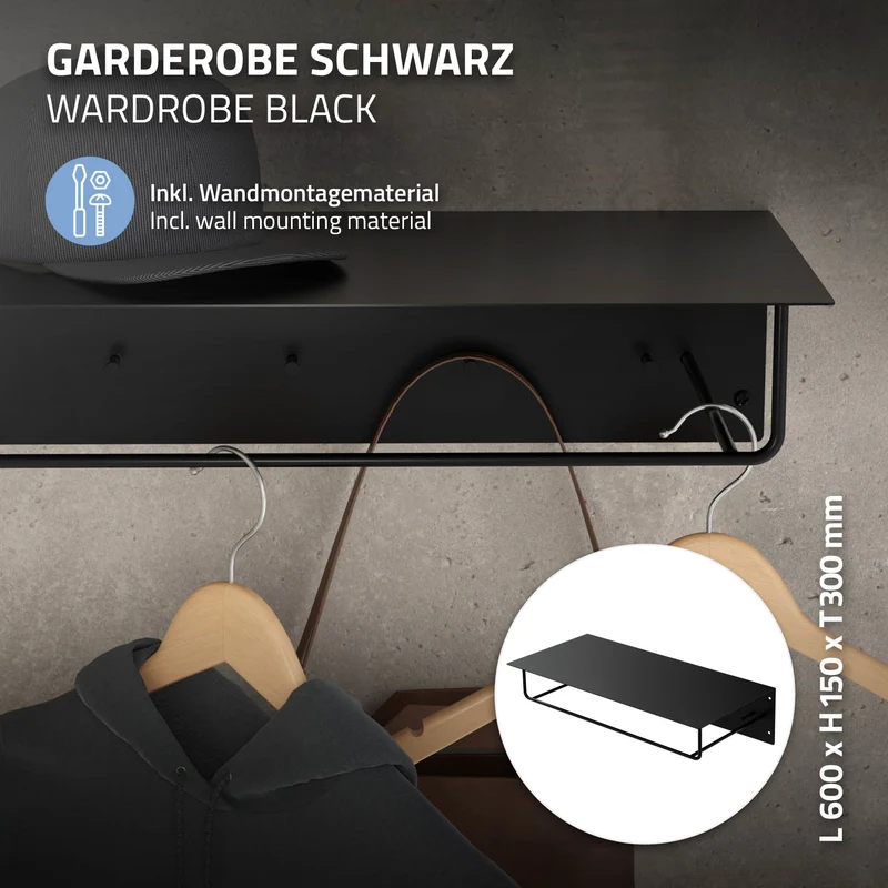 Kleiderstange Garderobe Wandmontage mit Ablage 60 x 30 x 15 cm Schwarz aus Metall ML-Design