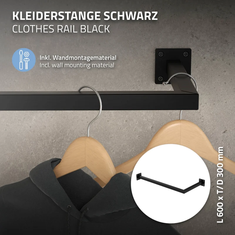 Kleiderstange Garderobe Wandmontage 30 x 60 cm Schwarz aus Stahl ML-Design