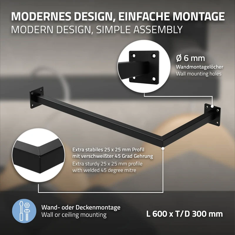 Kleiderstange Garderobe Wandmontage 30 x 60 cm Schwarz aus Stahl ML-Design