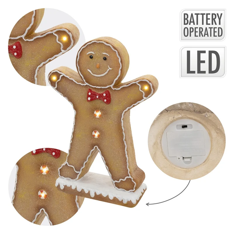 ECD GERMANY | Lebkuchenmann-Figur mit LED-Beleuchtung 75 cm, Braun, Weihnachtsdeko Innen, Lebkuchenfigur mit Fliege, Weihnachtsfigur Batteriebetrieben