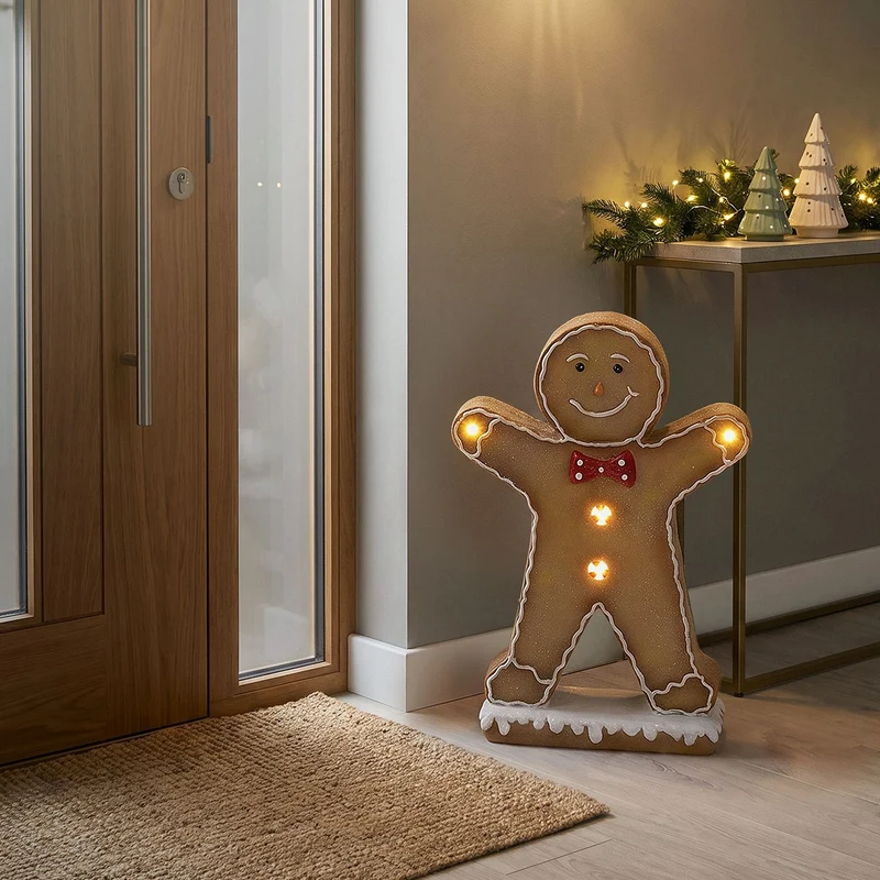 ECD GERMANY | Lebkuchenmann-Figur mit LED-Beleuchtung 75 cm, Braun, Weihnachtsdeko Innen, Lebkuchenfigur mit Fliege, Weihnachtsfigur Batteriebetrieben