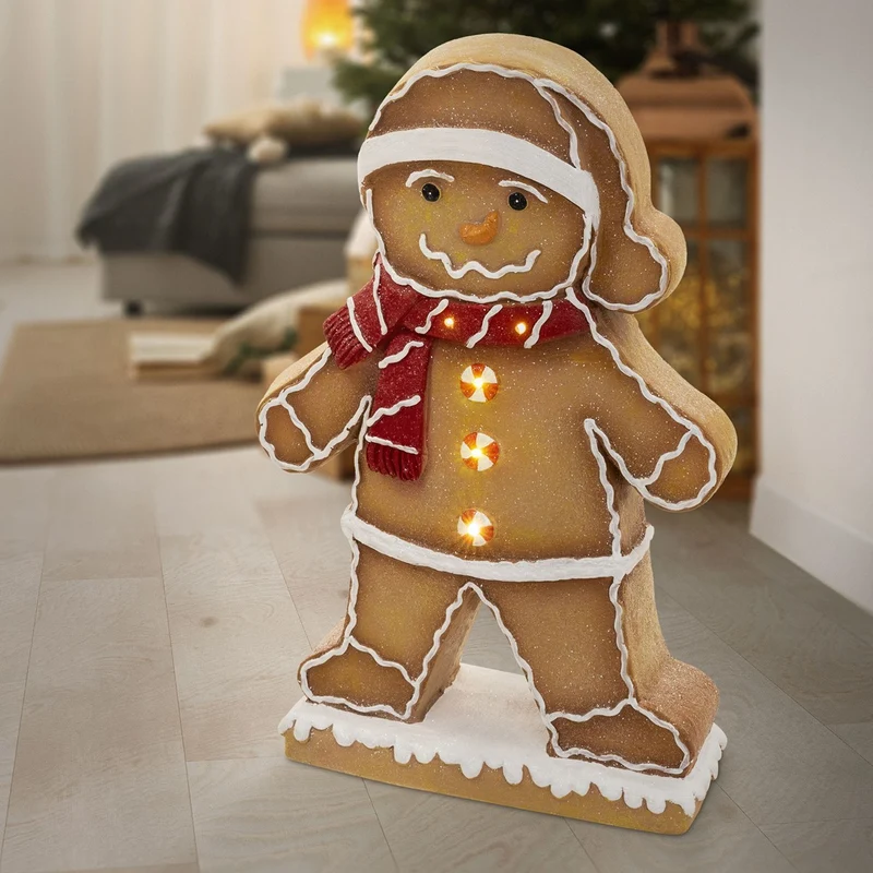 ECD GERMANY | Lebkuchenmann-Figur mit LED-Beleuchtung 76 cm Braun Weihnachtsdeko Innen Lebkuchenfigur Mütze & Schal Weihnachtsfigur Batteriebetrieben