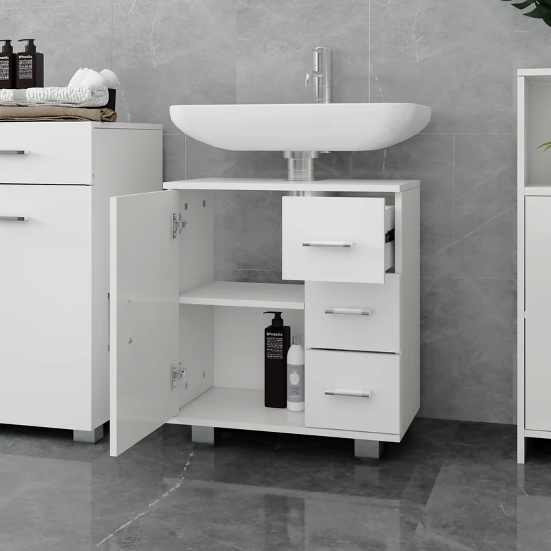 Waschbeckenunterschrank Badezimmerschrank 60x60,8x33 cm mit 1 Türen und 3 Schubladen Weiß ML-Design