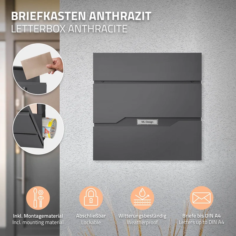 Standbriefkasten mit Zeitungsfach 37x11x36,5 cm Anthrazit aus Edelstahl ML-Design