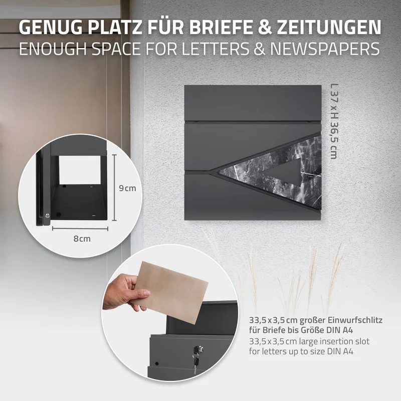 Standbriefkasten mit Zeitungsfach 37x36,5x11 cm Anthrazit/Schwarz-Marmoroptik aus Stahl ML-Design, Modernes Dreieckiges Design, Standhöhe 120/170 cm Anthrazit