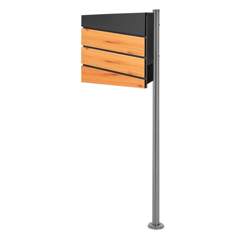 Standbriefkasten mit Zeitungsfach 37x37x11 cm Anthrazit/Holzoptik aus Stahl ML-Design, Modernes Diagonales Design, Standhöhe 120 cm Silber