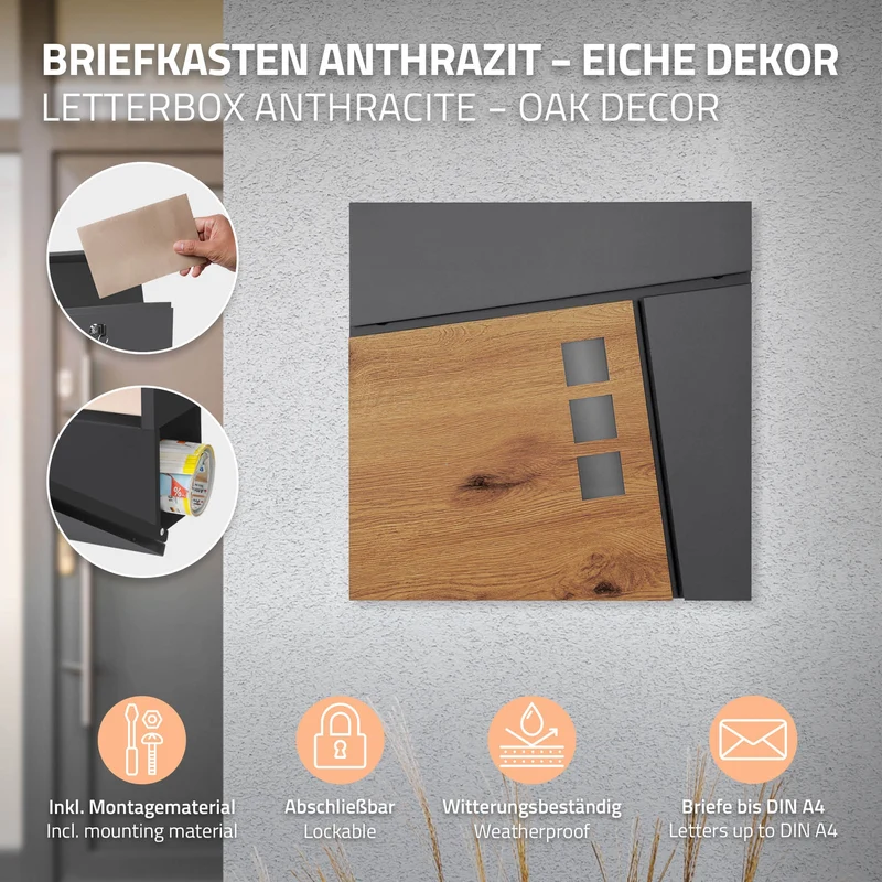Standbriefkasten 37x36,5x11 cm Anthrazit/Holzoptik aus Stahl ML-Design