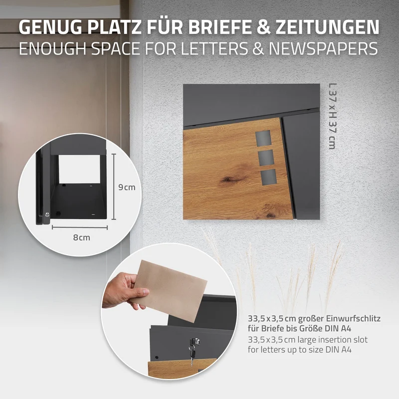 Standbriefkasten 37x36,5x11 cm Anthrazit/Holzoptik aus Stahl ML-Design