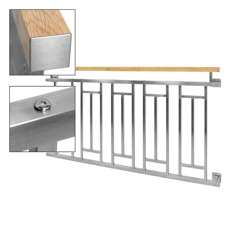 Französischer Balkon Silber 90x156 cm mit 5 Füllelementen, Holzoptik aus Edelstahl