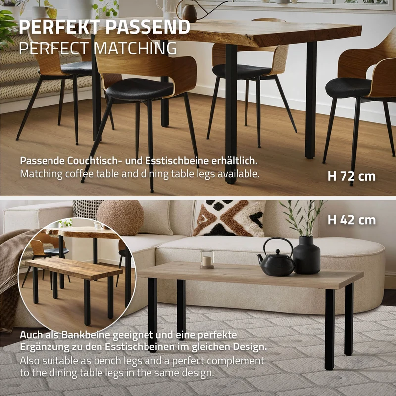4er Set Tischbeine I-Design 30 cm Schwarz Tischgestell aus pulverbeschichteter Stahl, Profil 4x4 cm, höhenverstellbare Möbelfüße ML-Design