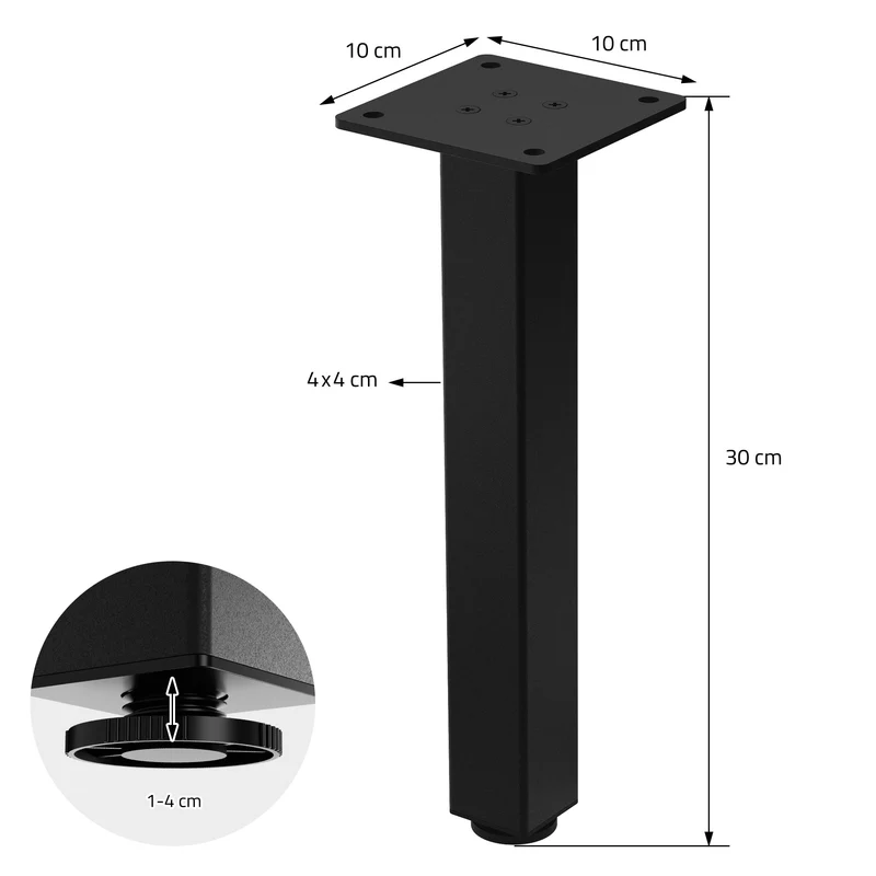 4er Set Tischbeine I-Design 30 cm Schwarz Tischgestell aus pulverbeschichteter Stahl, Profil 4x4 cm, höhenverstellbare Möbelfüße ML-Design