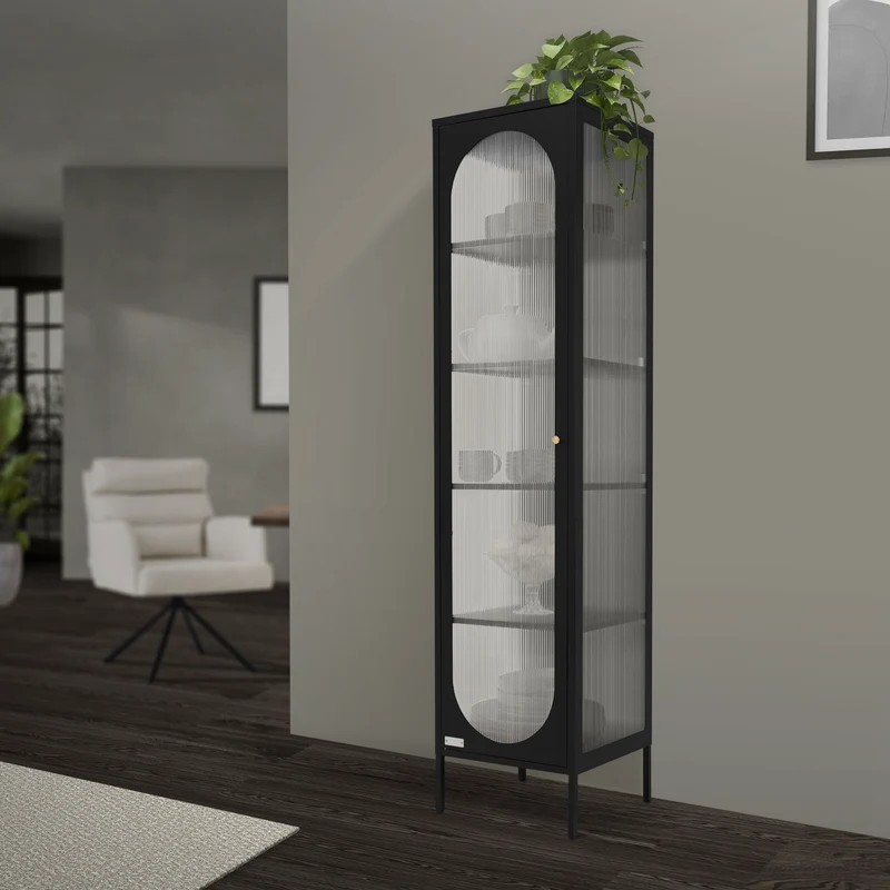 Vitrinenschrank 42x175x40 cm Vitrine mit 4 Einlegeböden Schwarz aus Stahl ML-Design
