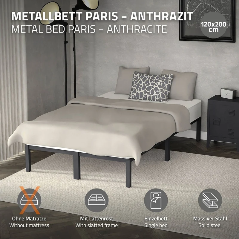 Bettgestell Doppelbett 120x200 cm aus Metall in Anthrazit mit Lattenrost ML-Design
