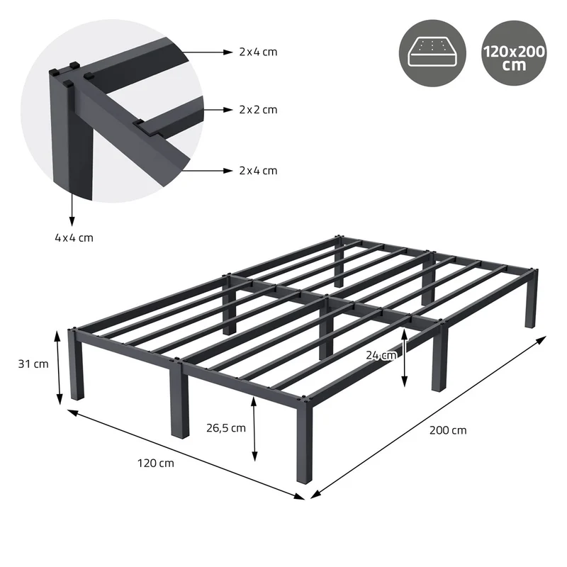 Bettgestell Doppelbett 120x200 cm aus Metall in Anthrazit mit Lattenrost ML-Design
