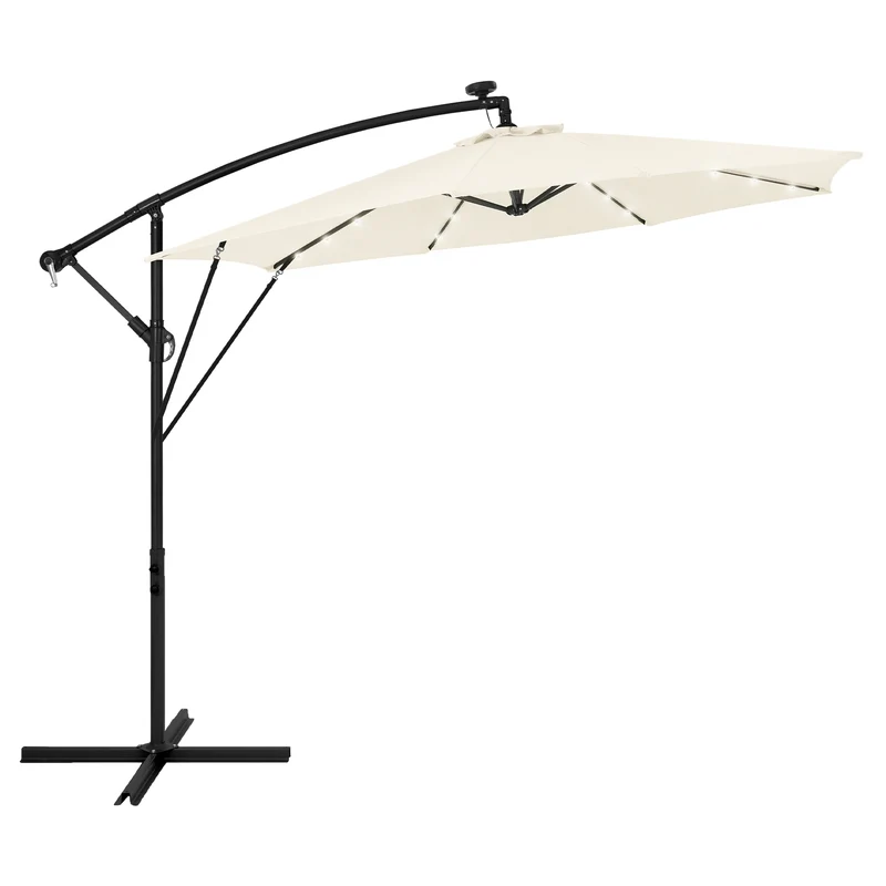 B-Ware Ampelschirm Ø 300 cm mit LED Solar, Beige 360° Alu Sonnenschirm mit Kurbel, Abdeckung & Ständer ML-Design