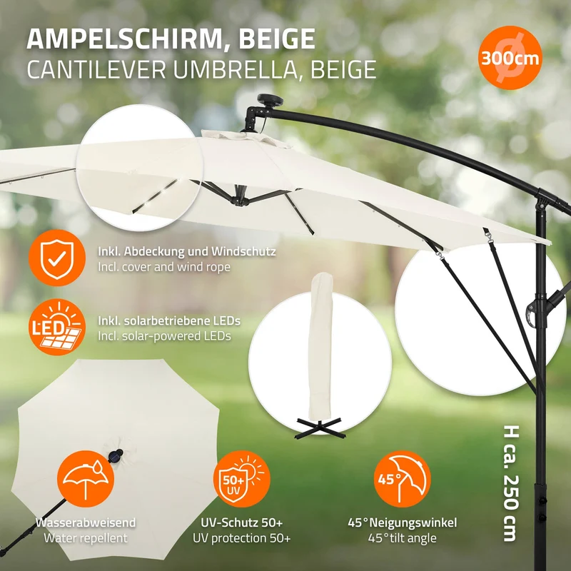 B-Ware Ampelschirm Ø 300 cm mit LED Solar, Beige 360° Alu Sonnenschirm mit Kurbel, Abdeckung & Ständer ML-Design