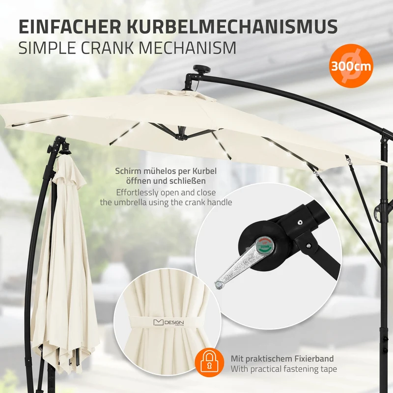 B-Ware Ampelschirm Ø 300 cm mit LED Solar, Beige 360° Alu Sonnenschirm mit Kurbel, Abdeckung & Ständer ML-Design
