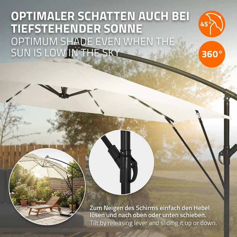 B-Ware Ampelschirm Ø 300 cm mit LED Solar, Beige 360° Alu Sonnenschirm mit Kurbel, Abdeckung & Ständer ML-Design