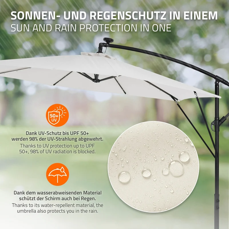 B-Ware Ampelschirm Ø 300 cm mit LED Solar, Beige 360° Alu Sonnenschirm mit Kurbel, Abdeckung & Ständer ML-Design