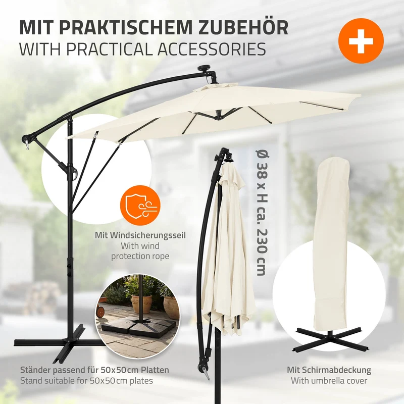 B-Ware Ampelschirm Ø 300 cm mit LED Solar, Beige 360° Alu Sonnenschirm mit Kurbel, Abdeckung & Ständer ML-Design