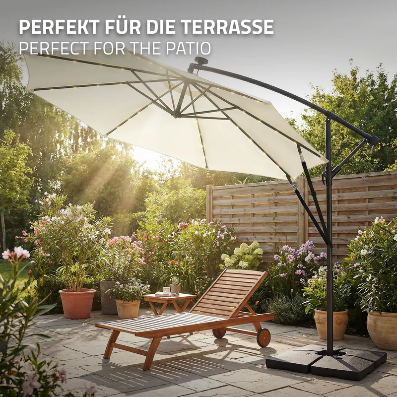 B-Ware Ampelschirm Ø 300 cm mit LED Solar, Beige 360° Alu Sonnenschirm mit Kurbel, Abdeckung & Ständer ML-Design