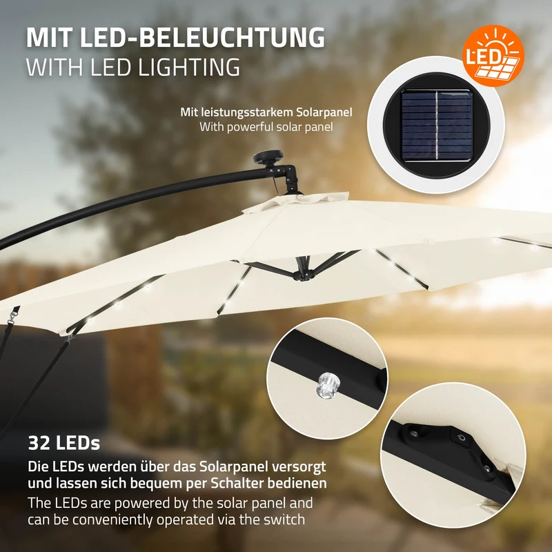 B-Ware Ampelschirm Ø 300 cm mit LED Solar, Beige 360° Alu Sonnenschirm mit Kurbel, Abdeckung & Ständer ML-Design