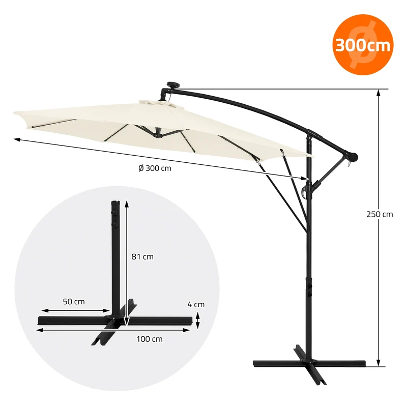 B-Ware Ampelschirm Ø 300 cm mit LED Solar, Beige 360° Alu Sonnenschirm mit Kurbel, Abdeckung & Ständer ML-Design