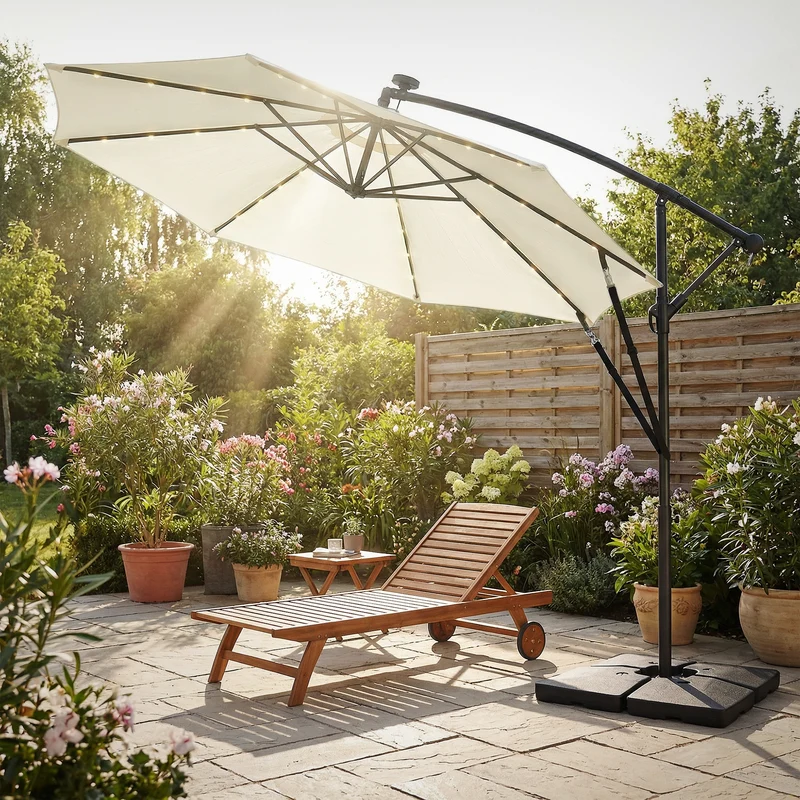 B-Ware Ampelschirm Ø 300 cm mit LED Solar, Beige 360° Alu Sonnenschirm mit Kurbel, Abdeckung & Ständer ML-Design