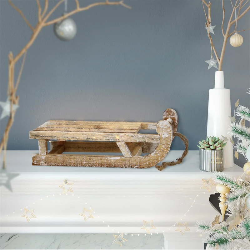 ECD Germany | Weihnachtsdeko Schlitten mit Warmweißen LEDs aus Holz Weihnachtsdeko
