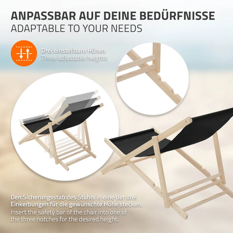 Gartenstuhl Strandliege Liegestuhl Sonnenliege Schwarz aus Holz klappbar