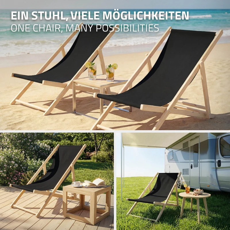 Gartenstuhl Strandliege Liegestuhl Sonnenliege Schwarz aus Holz klappbar