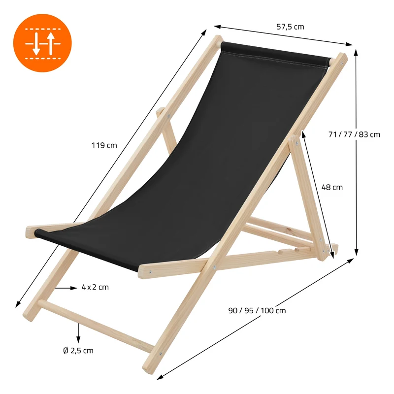Gartenstuhl Strandliege Liegestuhl Sonnenliege Schwarz aus Holz klappbar