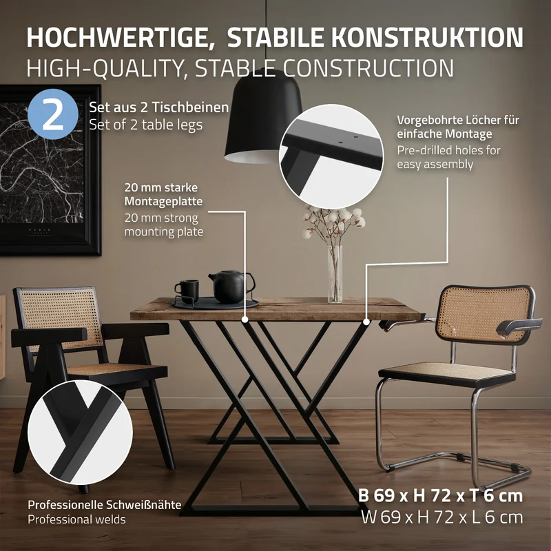 B-Ware Tischbeine 2er Set X-Form 69x72 cm Schwarz aus Stahl ML-Design
