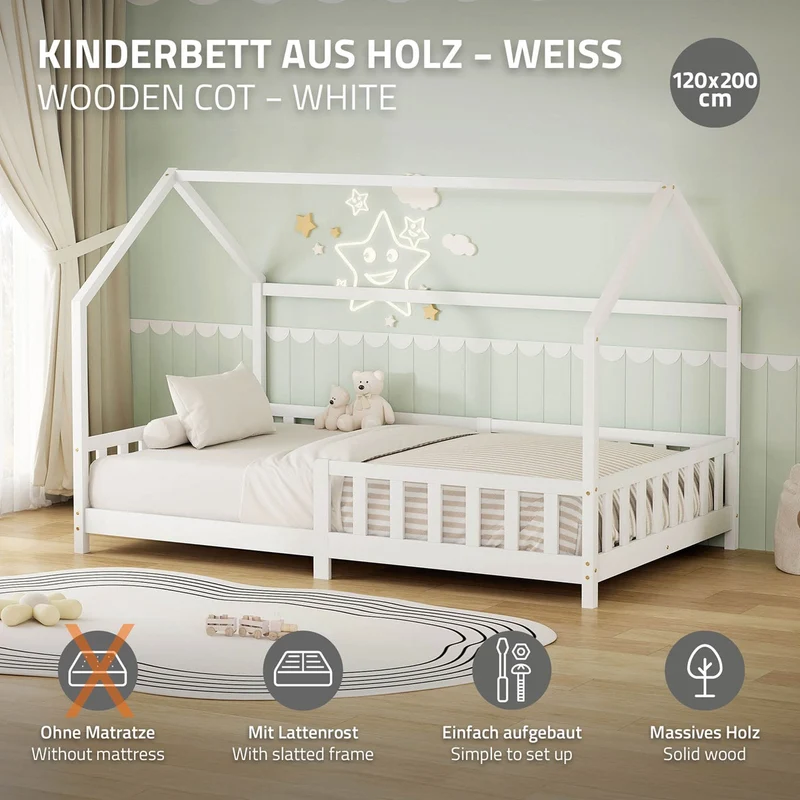 B-Ware Kinderbett Hausbett 120x200 cm aus Kiefernholz Weiß mit Rausfallschutz Dach und Lattenrost Holzbett ML-Design