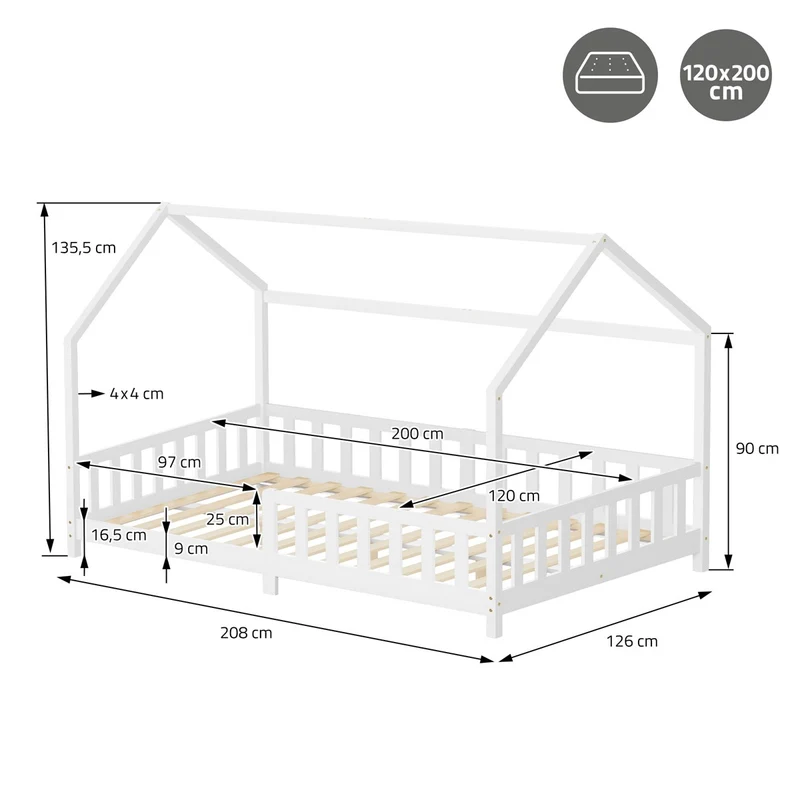 B-Ware Kinderbett Hausbett 120x200 cm aus Kiefernholz Weiß mit Rausfallschutz Dach und Lattenrost Holzbett ML-Design