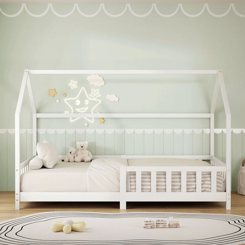 B-Ware Kinderbett Hausbett 120x200 cm aus Kiefernholz Weiß mit Rausfallschutz Dach und Lattenrost Holzbett ML-Design
