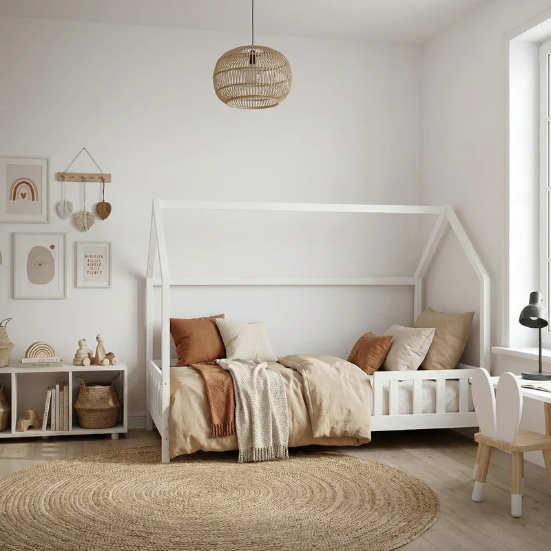 B-Ware Kinderbett Hausbett 120x200 cm aus Kiefernholz Weiß mit Rausfallschutz Dach und Lattenrost Holzbett ML-Design