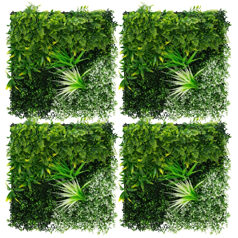 ECD Germany | Künstliche Pflanzenwand White Blossom 4er Set 50x50 cm Grün Kunstpflanzen Wandpaneele Indoor Outdoor Blumenwand Sichtschutz Wandpflanzen