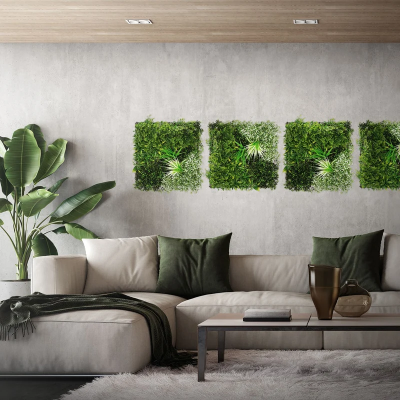 ECD Germany | Künstliche Pflanzenwand White Blossom 4er Set 50x50 cm Grün Kunstpflanzen Wandpaneele Indoor Outdoor Blumenwand Sichtschutz Wandpflanzen